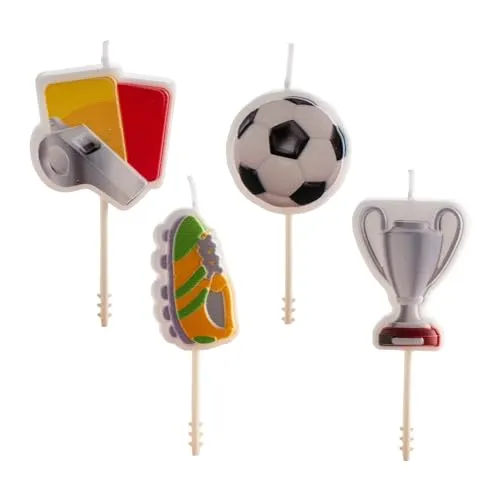 dekora Geburtstagskerzen mit Fußballmotiven, 8 cm, 4 einzigartige Modelle, Pfeife, Tasse, Fußball, Ball, Stiefel, perfekte Dekoration für Fußball-Fans