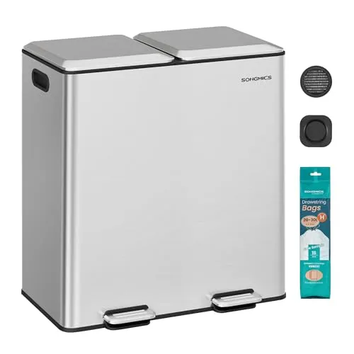 SONGMICS Mülleimer Küche, 2 x 30 L, 2 Fächer, Mülltrennsystem, Softclose, herausnehmbare Inneneimer, Pedalen, Edelstahl, metallicsilber LTB743E01