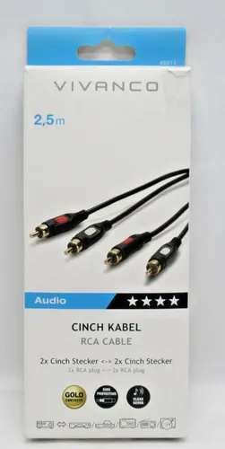 VIVANCO Cinch Kabel 2,5m (46011) – Hochwertiges Audio-Kabel - Hochwertiges 2,5m Cinch-Kabel für klare Audioübertragung. Ideal für den Anschluss von Geräten im Home-Entertainment-Bereich.