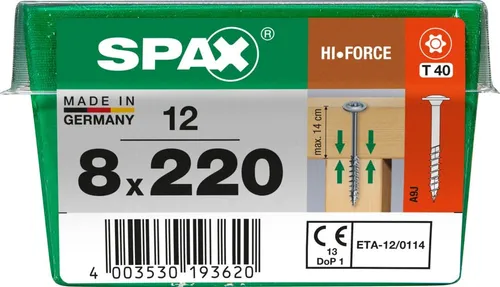 Spax Holzbauschrauben 8.0 x 220 mm TX 40 - 12 Stk. für sichere Verbindungen - Hochwertige Spax Holzbauschrauben in der Größe 8.0 x 220 mm, ideal für den professionellen Einsatz. Robuste Qualität für langlebige und sichere Verbindungen in Ihrer Holzarbeit.