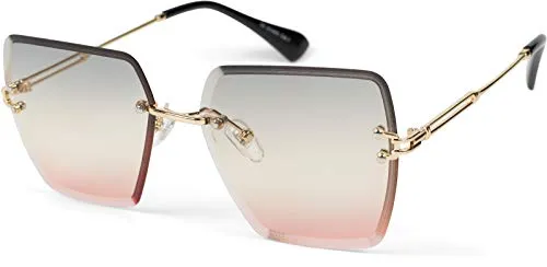 styleBREAKER Damen Sonnenbrille ohne Rahmen mit eckigen Polycarbonat Gläsern und Diamantschliff | UV400 Verlaufstönung | Metallbügel verstellbare Nasenpads, Gestell Gold/Glas Grau-Apricot Verlauf