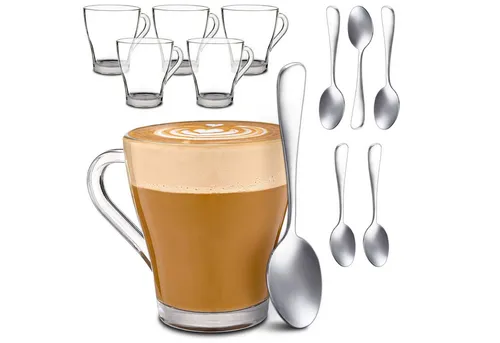 Cosumy Gläser-Set 6 Cappuccino Gläser mit Henkel und Löffel - 250ml - Hält lange warm, 12-tlg., Glas, Cappuccino Gläser Set mit Henkel und Löffel - 250 ml - Hält lange warm