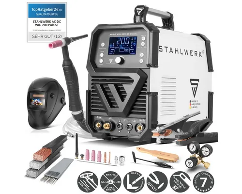 STAHLWERK Schutzgasschweißgerät AC/DC WIG 200 ST Digital - Vollausgestattetes Kombischweißgerät für WIG & MMA, ideal für Stahl, Edelstahl und Aluminium. Hohe Leistung von 200 A mit 7 Jahren Garantie.