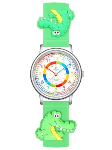 Alienwork Kids Lernuhr Kinderuhr Jungen Mädchen Silber Kautschuk-Armband Grün Mehrfarbig Kinder-Uhr Wasserdicht 5 ATM Zeit Lernen