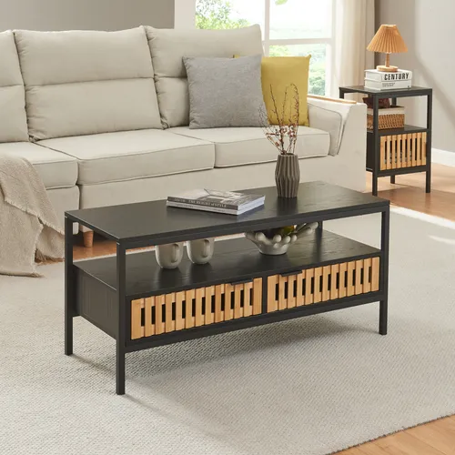 Couchtisch 'Luniehti' - Moderner Wohnzimmertisch mit Stauraum - Couchtische mit 2 Türen und Ablage, elegantes Lamellendesign und pflegeleichte Oberfläche für einen stilvollen Wohnraum.