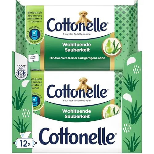 Cottonelle Feuchtes Toilettenpapier, Wohltuende Sauberkeit, Mit prebiotischer Lotion, Biologisch Abbaubar, Plastikfrei, Wiederverschließbar, 12 x 42 Feuchttücher