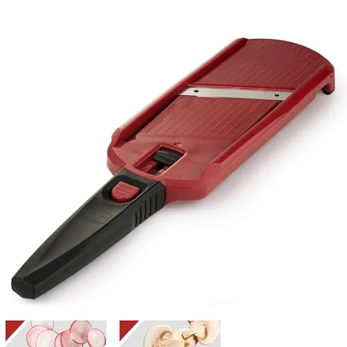 Börner Multi Slicer Gemüseschneider • Gemüsehobel für Scheiben in 2 Schnittstärken • Vegetable Slicer für Obst & Gemüse • Kompakter Mini Küchenhobel • Farbe: Rot mit schwarzem Griff