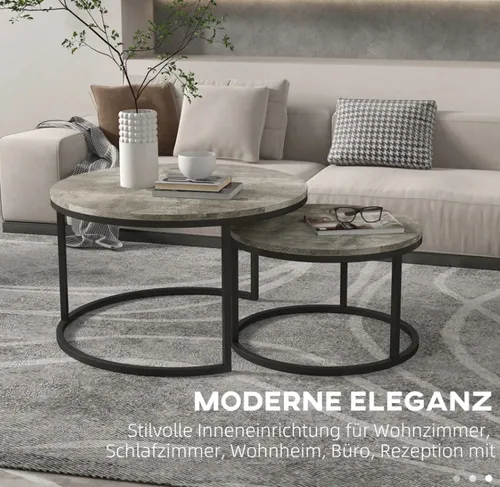 Couchtisch-Set: Runde Satztische mit Metallgestell - Elegantes 2er-Set Couchtische in Zementoptik. Ideal für Wohnzimmer, Schlafzimmer oder Büros. Platzsparend ineinander stellbar und mit schützenden Fußpads ausgestattet.