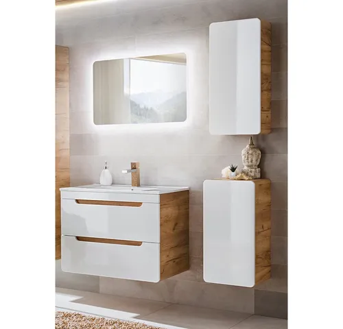 Lomadox Badmöbel-Set LUTON-56, 4-teilig in Weiß Wotan Eiche - Badmöbel-Set mit modernem Design und Soft-Close-Funktion, inkl. Waschtisch, Spiegel mit LED-Beleuchtung und vielseitig montierbaren Schränken für ein stilvolles Badezimmer.
