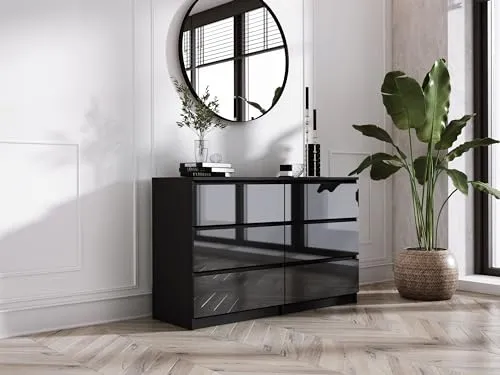 3E 3xE living.com Kommode mit 6 Schubladen – Schwarz Matt/Glanz - Kommode & Sideboard mit 6 geräumigen Schubladen, ideal für Ordnung und Eleganz in Ihrem Zuhause. Leise Rollenführungen sorgen für angenehmes Öffnen und Schließen.
