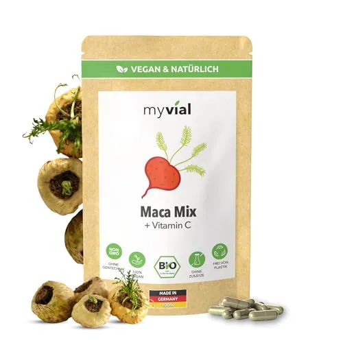 Bio Maca Mix Kapseln mit Bio Vitamin C (Acerola) 120 Stück hochdosiert 503mg pro Kapsel Pulver Mix aus roter gelber schwarzer Maca Wurzel vegan produziert in Deutschland