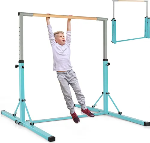COSTWAY höhenverstellbares Turnreck für Kinder - bis 100 kg belastbar, Grün - Robuste Turnstange mit 13 einstellbaren Höhen und klappbarem Design für platzsparende Aufbewahrung. Ideal zur Förderung von Kraft, Gleichgewicht und Selbstvertrauen bei Kindern.