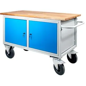 ADB Werkbank 42744, fahrbar und stabil - Werkstattwagen mit 2 abschließbaren Stahlblechschränken und einer robusten Buche-Massiv-Platte, ideal für Werkstätten und Heimwerker mit hoher Traglast von 500 kg.