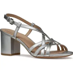Geox Virnilisa 65 S Sandalen Silber EU 38 - Wanderschuhe für Damen, leichte und atmungsaktive Sandale mit bequemen Blockabsatz, ideal für den Stadt-Alltag und elegantes Design durch metallisches Leder.