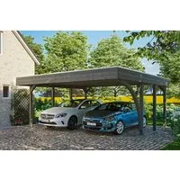 Doppelcarport SKAN HOLZ Friesland Set 7 mit Aluminium-Dachplatten - Robuster Doppelcarport mit Flachdach in Grau, aus hochwertigem Holz und ideal für den Schutz von Fahrzeugen.