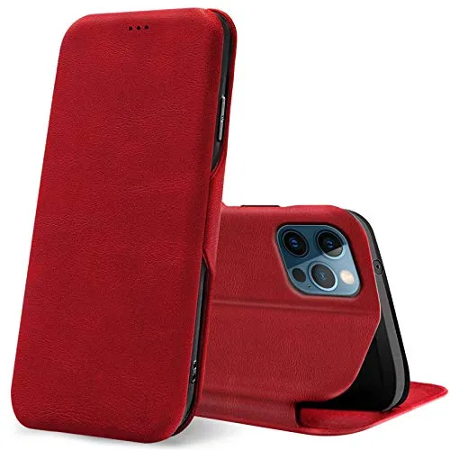 CoolGadget Klapphülle für iPhone 12 / iPhone 12 Pro, PU Leder, Kartenfach, Magnetverschluss, Standfunktion, Rundumschutz - Rot