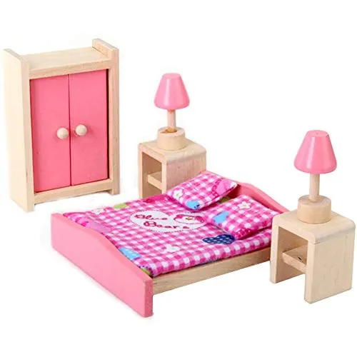 POFET Puppenhaus-Schlafzimmermöbel-Set Bett + Tisch + Lampe + Schrank – Rancom-Decke