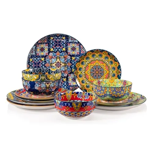 Sweejar Home Keramik-Geschirr-Set für 4 Personen, 12-teiliges Porzellanteller und -schalen-Set, Bohemian-Stil, einfaches Küchen-Dinner-Set, spülmaschinen- und mikrowellengeeignet