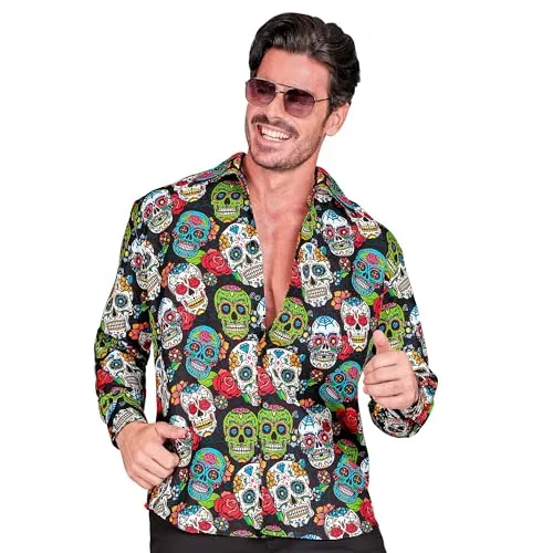 WIDMANN MILANO PARTY FASHION - Hemd Dia de los Muertos - Kostüm-Oberteile für Erwachsene, auffälliges Herrenhemd mit bunten Totenköpfen für Halloween und den Tag der Toten, ideal für Kostümveranstaltungen.