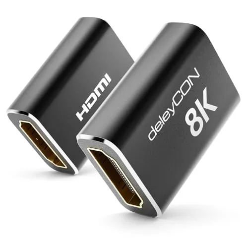 deleyCON 2 Stück 8K HDMI 2.1 Kupplung (48G, Ultra Highspeed) Adapter Verbinder 8K@60Hz 4K@120Hz 2K@144Hz/165Hz eARC HDCP 2.3/2.2 DTS:X für HDR Dolby Atmos TV PS5 Xbox Soundbar Monitor Schwarz