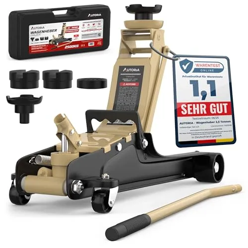 Hydraulischer Wagenheber 2,5T Beige - PKW Autoheber mit Koffer - Wagenheber & Unterstellböcke, hydraulischer Mechanismus für müheloses Heben bis 2,5 Tonnen, inklusive praktischem Aufbewahrungskoffer und rutschfesten Gummiauflagen.