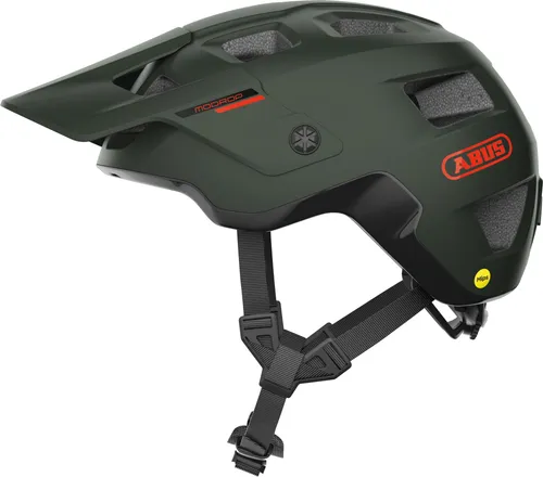 ABUS MTB-Helm MoDrop MIPS - Unisex Fahrradhelm für optimale Sicherheit - Fahrradhelm mit MIPS-Technologie für zusätzlichen Schutz, Größe M (54-58 cm) und stylisches dunkelgrün/schwarzgraues Design.