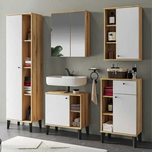Lomadox Badmöbel-Set OLEAN-61 – modernes 5-teiliges Spar-Set - Elegantes Badezimmer-Set in Eiche-Dekor mit weißen und schwarzen Möbelbeinen. Inklusive Waschbeckenschrank, Spiegelschrank und weiteren Schränken für optimale Stauraumnutzung.