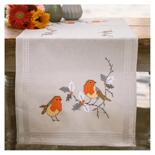 Tischläufer Kreuzstich Stickpackung Rotkehlchen 40x100cm