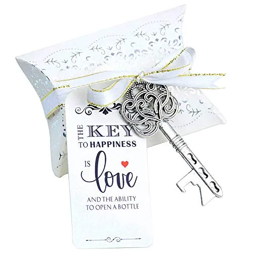 Aokbean 50 stücke Antike Vintage Skelett Schlüssel Flaschenöffner Hochzeit Gunsten Gast Souvenir Geschenk Set Kissen Box Escort Danke Tag Französisch Band(Antikes Silber)