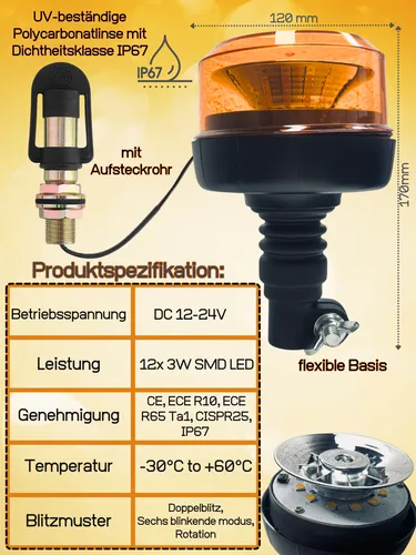 Rundumleuchte Warnleuchte LED 12-24V E9 ECE 10 R65 mit Halterung I