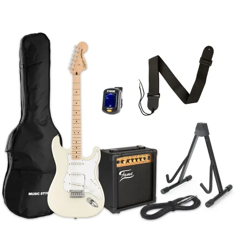 Squier Affinity Strat White + MA 15 Gitarren Set für Anfänger - Das Squier Affinity Strat White + MA 15 Set bietet alles, was Du für den Einstieg in die Gitarrenwelt benötigst. Mit einer hochwertigen E-Gitarre, einem kompakten Verstärker und umfangreichem Zubehör bist Du bestens für Deine ersten Musikstunden gerüstet.