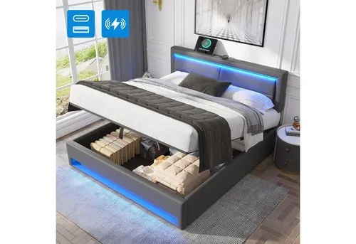 REDOM Polsterbett Polsterung aus Schaum (Stahlrahmen mit Hydraulisch anhebbarer Bettstauraum Holz-Lattenrost, Doppelbett USB-Anschluss und Kabellos Ladepad 160x200 cm Ohne Matratze), höhenverstellbar Kopfteil