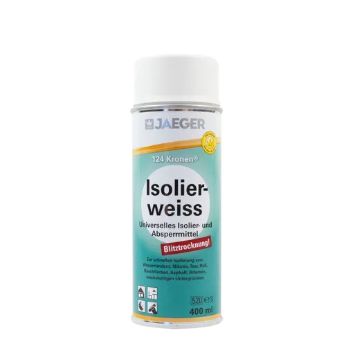 Jaeger Kronen Isolierspray weiß 400ml - Mattes Isolierspray für Mauerwerk und Putz, ideal für Innen- und Außenanwendungen. Schnelle Trocknung in nur 15 Minuten und deckende Wirkung auf bis zu 3m² pro Liter.