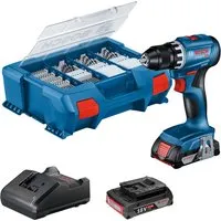 Bosch Professional GSR 18V - Bohrmaschine mit 2 Batterien 2.0ah, Ladegerät und 82 Teilen im L-Case, bürstenloser Motor für längere Lebensdauer und hervorragende Leistung