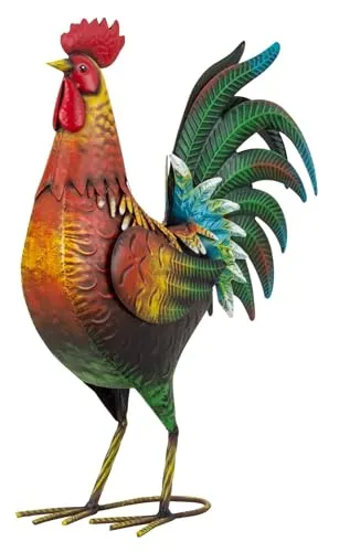 Geschenkestadl Bunte Hahn Figur Metall 39cm - Tierfiguren & Tierstatuen - Außergewöhnliche, 39cm hohe Metallfigur eines bunten Hahns, ideal als Dekoration für Haus und Garten oder als kreative Geschenkidee.