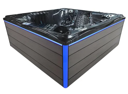 Outdoor Whirlpool Hydromassagewanne 230x230cm - Genießen Sie entspannende Momente in unserem quadratischen Whirlpool mit LED-Beleuchtung. Mit 230 cm Breite und hochwertigem Acryl bietet er Platz für die ganze Familie. Herstellergarantie: 2 Jahre.