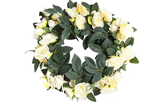 Botanic-Haus künstlicher Rosenkranz (mit verschiedenfarbigen künstlichen Rosen) auf Drahtring (Creme-weiß-leicht-gelb)