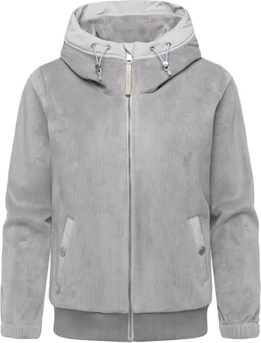 Ragwear Damen warme Übergangsjacke kurze Cord-Jacke aus kuscheligem Rippstrickoptik-Material in Samt-Haptik Plüschjacke mit Fleece-Innenfutter und Kapuze Cousy Short Bonded Ash Gr. S