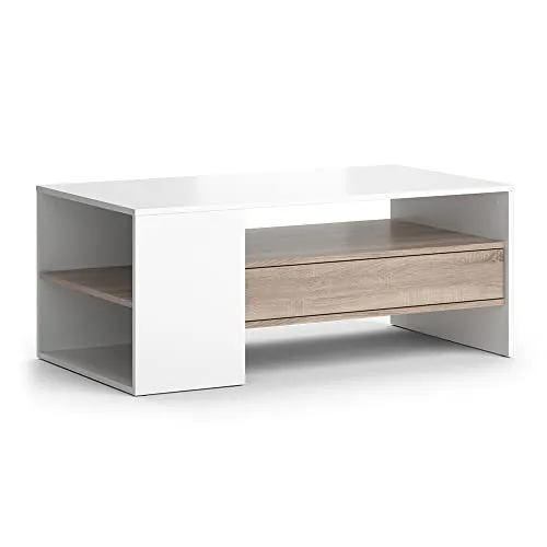 Vicco Couchtisch Fabien, Weiß/Sonoma, 110 x 60 cm - Moderner Couchtisch mit pflegeleichter Oberfläche und viel Stauraum durch integrierten Schubkasten. Ideal für jedes Wohnzimmer.