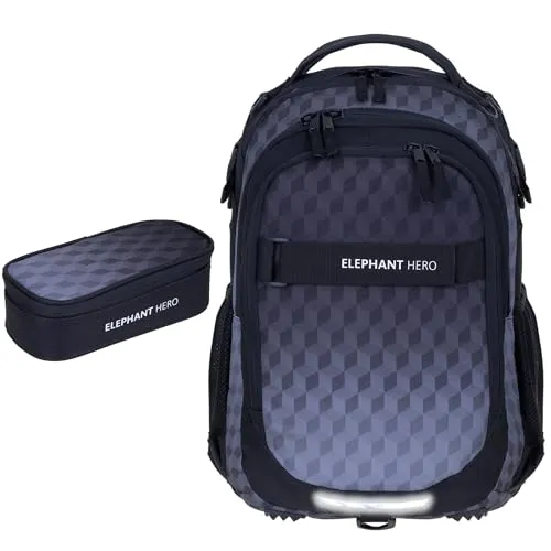 Elephant 2 Teile Set Rucksack Signature Hero Schulrucksack 12723 + Mäppchen Box (Black Cube 12868)