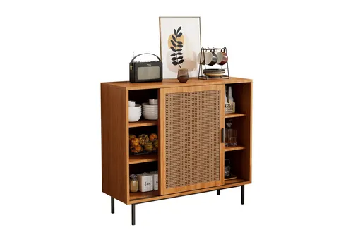 Refined Living Sideboard Küchenschrank, Kommode Aufbewahrungsschrank mit 2 Schiebetüren (Maße: B100/H90/T37 cm, Landhausstil Beistellschrank, Wohnzimmermöbel mit Rattan-Türen, mit Verstellbare Ablage, Menschliches Design, Stabile Konstruktion), Ausreichend Stauraum, Einfache Montage, für Wohnzimmer, Esszimmer