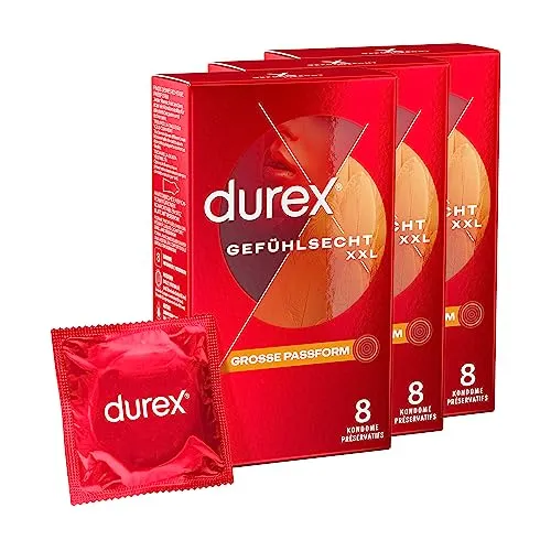 Durex Gefühlsecht XXL Kondome – Dünne Kondome mit großer Passform & mit Silikongleitgel befeuchtet – 24erPack (3 x 8 Stück)