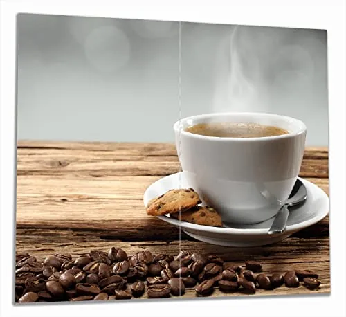 Wallario Herdabdeckplatte/Spritzschutz aus Glas, 2-teilig, 60x52cm, für Ceran- und Induktionsherde, Heiße Tasse Kaffee mit Kaffeebohnen