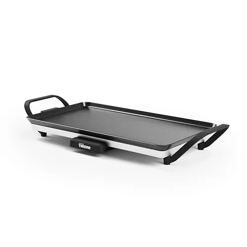Tristar Slim M BP-2667 Elektro Grillplatte Schwarz - Elektrische Tischgrills mit großzügiger Backfläche von 46 x 26 cm, einstellbarem Thermostat und antihaftbeschichteter Oberfläche für gesunde Mahlzeiten und einfache Reinigung.