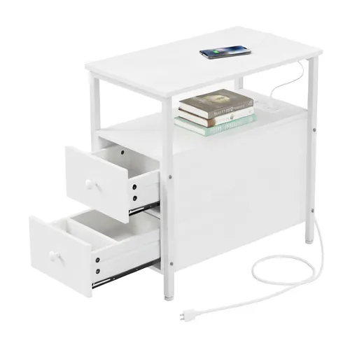 Relaxdays Beistelltisch mit Steckdosen und USB-Anschluss - Beistelltisch fürs Wohnzimmer mit 2 Schubladen und praktischen Steckdosen - ideal für modernes Wohnen und zum Laden von Geräten.