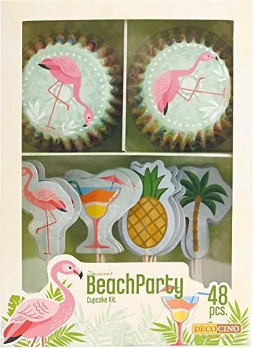 DECOCINO Muffin-Set BeachParty 48-tlg. - 24 Cupcake-Förmchen mit Ø 5 cm & 24 Muffin-Topper aus Papier, ideale Deko für Kindergeburtstage & Mottopartys