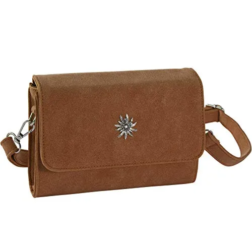 dressforfun Dirndl Tasche, Handtasche Damen mittelgroß, Trachten Mode, Trachtentasche Wildlederoptik, Edelweiß, Damen Tasche, Umhängetasche, Oktoberfest Accessoires, Damen-Schultertaschen - braun