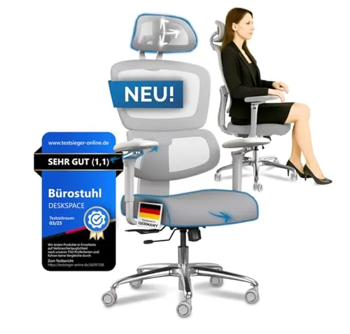 DESKSPACE Move Pro Ergonomischer Bürostuhl - Intelligente Lordosenstütze - Bürostuhl mit atmungsaktivem Netzgewebe und 3-stufiger Neigung, ideal für längere Arbeitstage und individuelle Anpassung für besten Komfort.