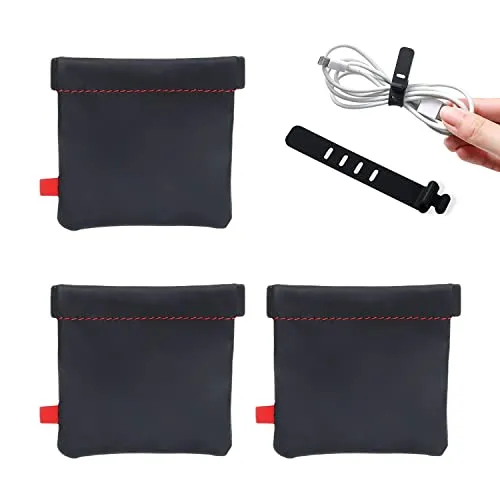 Aufbewahrungstaschen + 1 weiches Gummiband, Schutztasche für Kopfhörer, selbstschließende tragbare Aufbewahrungstasche mit hochelastischem Stahlgurt, geeignet für Kopfhörer, Datenkabel (Schwarz) 3