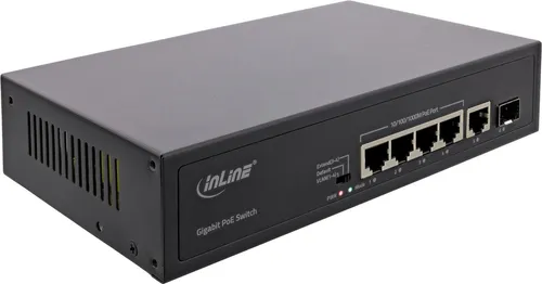 InLine PoE+ Gigabit Netzwerk Switch 5 Port - Netzwerk-Switch mit 4x PoE+ und 1x SFP-Port, ideal für die Stromversorgung von IP-Kameras und Access Points. Perfekte Lösung zur Verbesserung Ihres Netzwerks auf Gigabit-Geschwindigkeit.